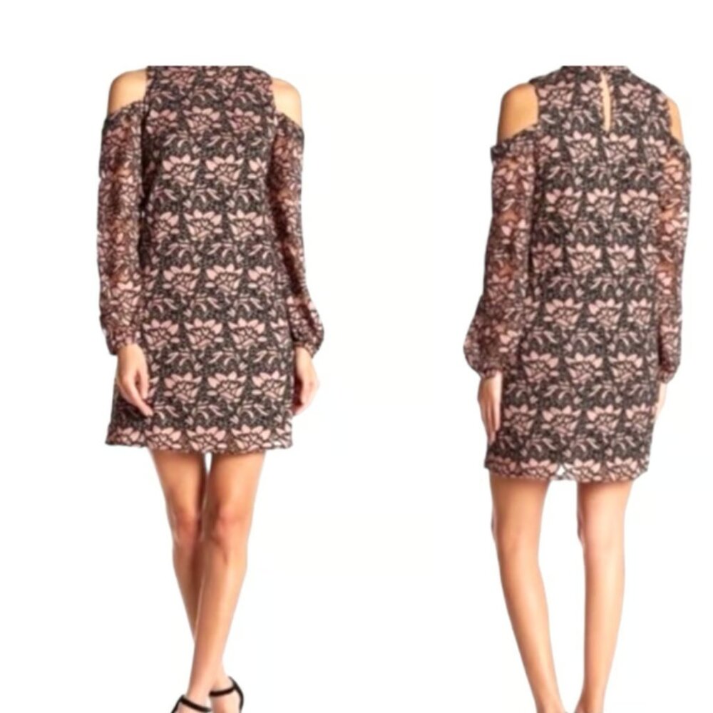 Leyden cold shoulder pink black lace dress L